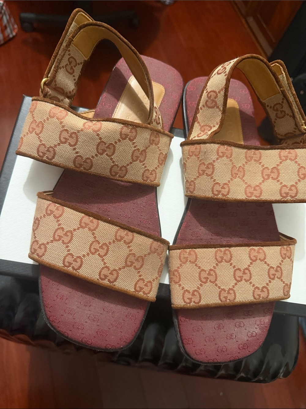 Gucci Beige & Burgundy GG Canvas Strappy Sandals